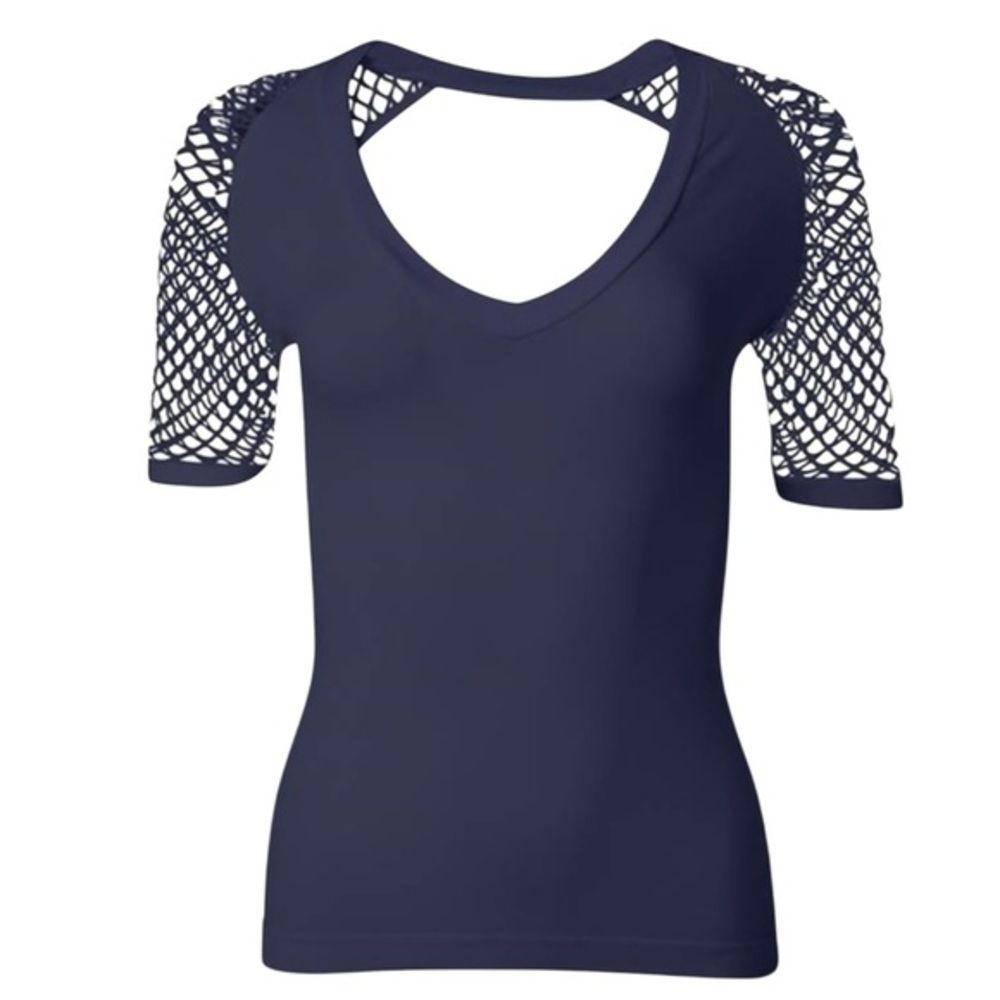 VENUS Women's Second Skin Navy V-Neck Fishnet Mesh Sleeve Cutout Back Top
